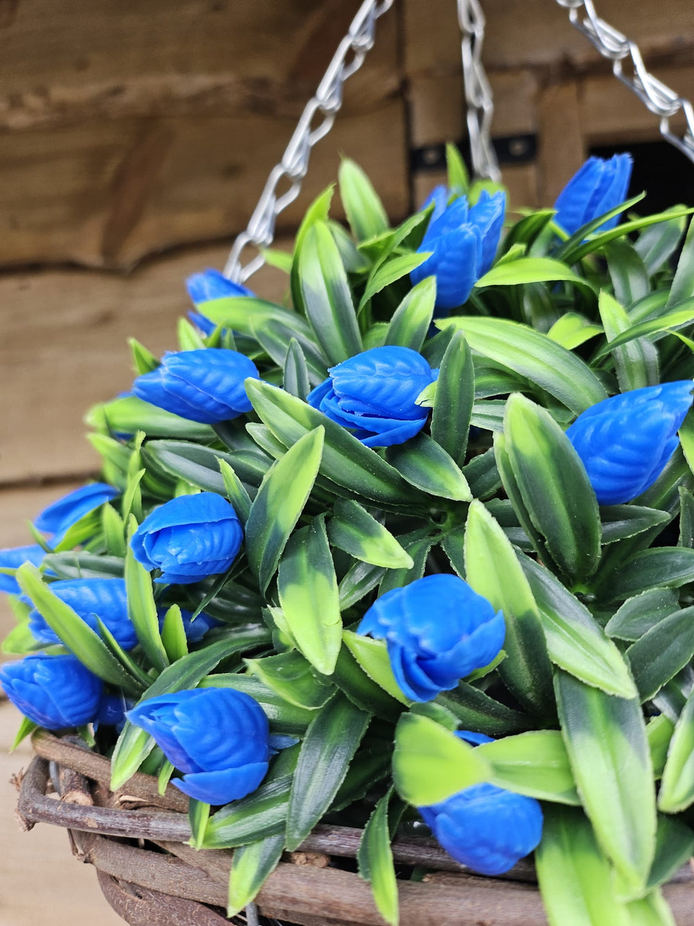 Best Artificial 28cm Tulip Flower Display in 10" Wicker Rattan Basket - Suitable for Outdoor, Indoor and Garden (Blue)