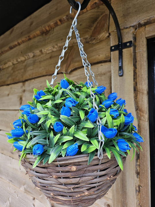 Best Artificial 28cm Tulip Flower Display in 10" Wicker Rattan Basket - Suitable for Outdoor, Indoor and Garden (Blue)