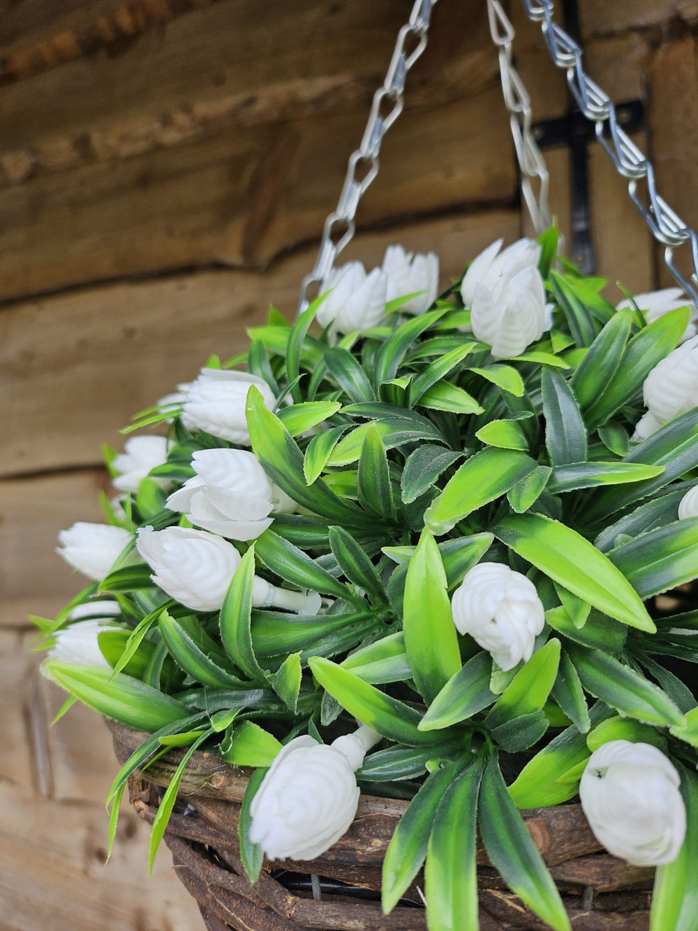 Best Artificial 28cm Tulip Flower Display in 10" Wicker Rattan Basket - Suitable for Outdoor, Indoor and Garden (White)