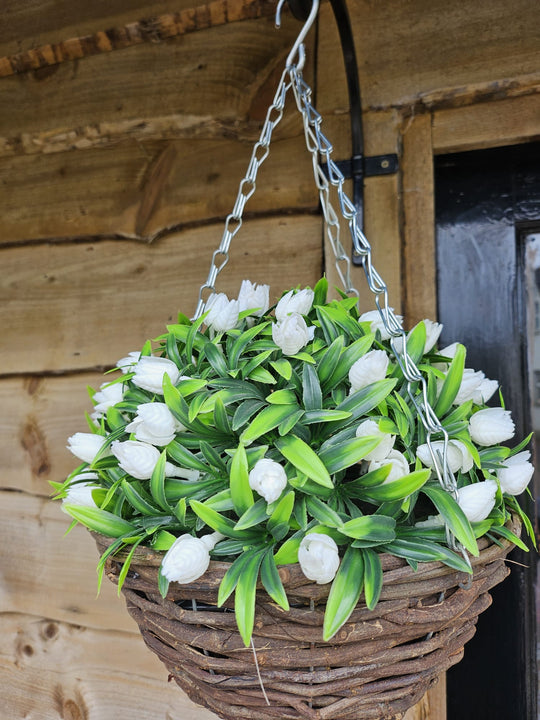 Best Artificial 28cm Tulip Flower Display in 10" Wicker Rattan Basket - Suitable for Outdoor, Indoor and Garden (White)