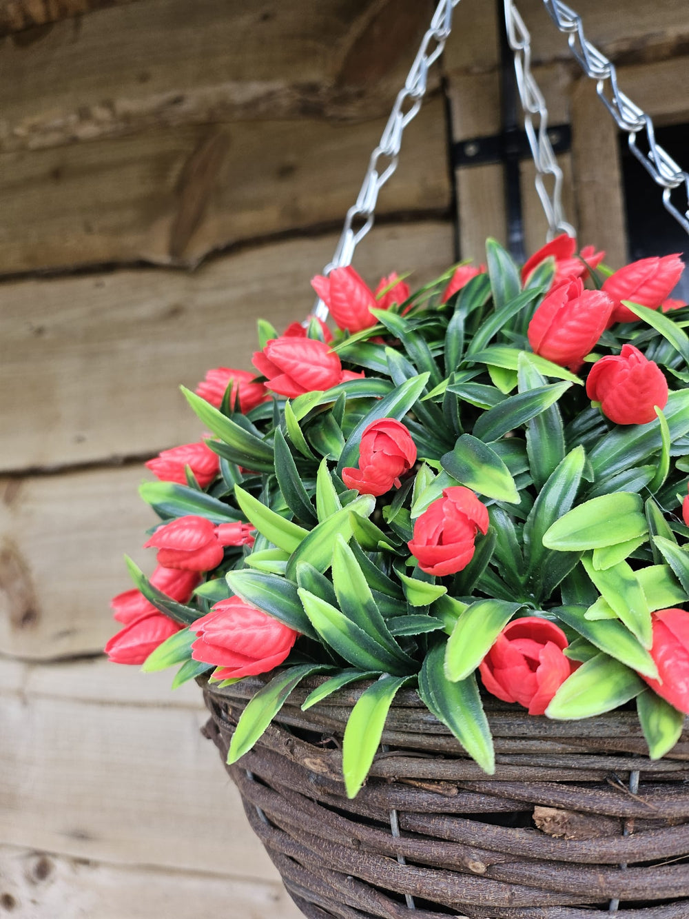 Best Artificial 28cm Tulip Flower Display in 10" Wicker Rattan Basket - Suitable for Outdoor, Indoor and Garden (Red)