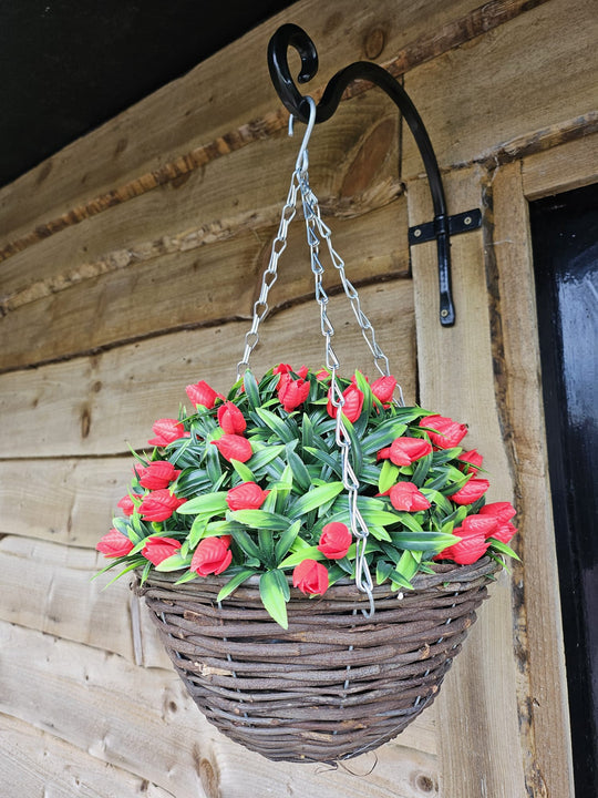 Best Artificial 28cm Tulip Flower Display in 10" Wicker Rattan Basket - Suitable for Outdoor, Indoor and Garden (Red)