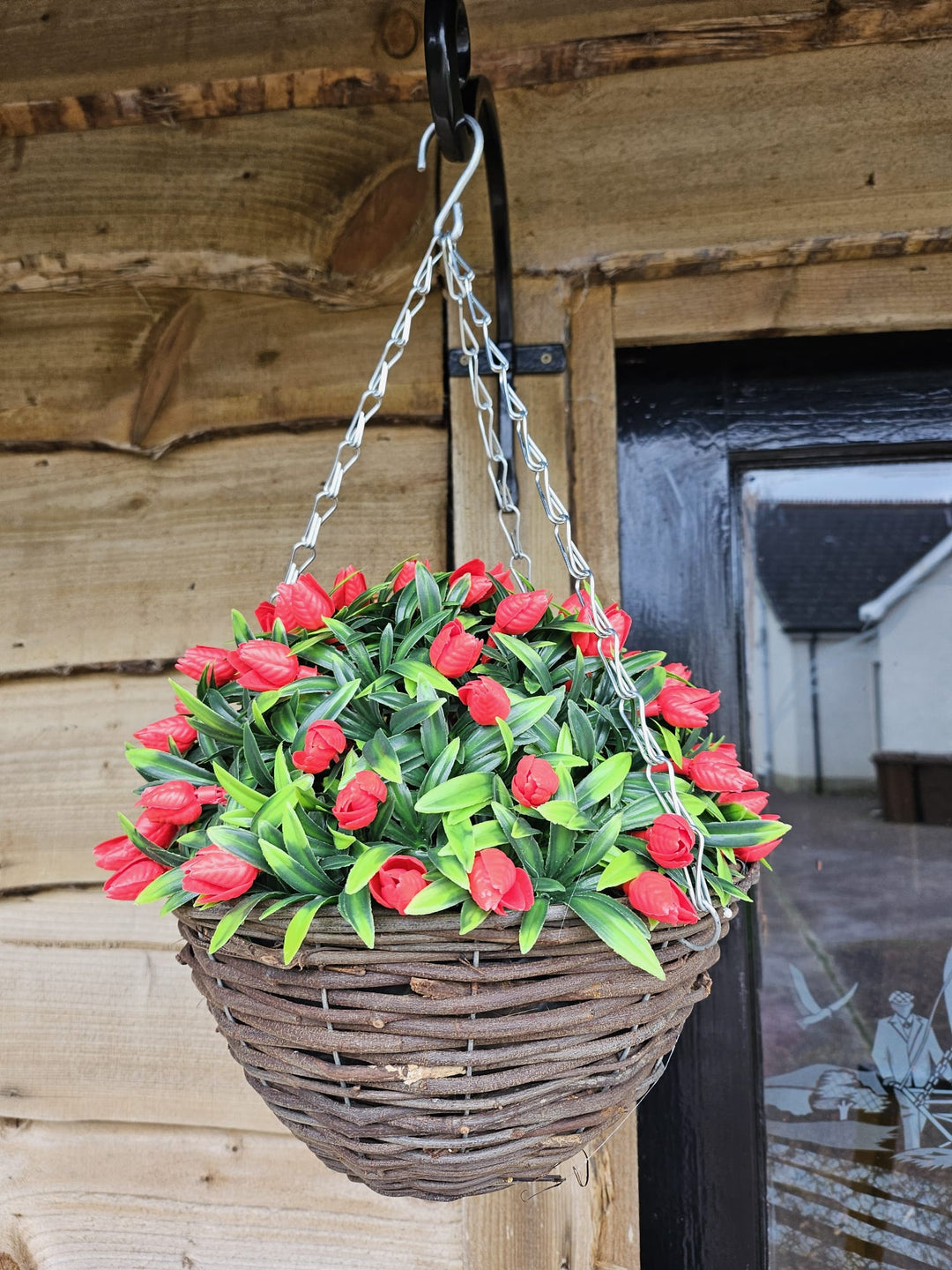 Best Artificial 28cm Tulip Flower Display in 10" Wicker Rattan Basket - Suitable for Outdoor, Indoor and Garden (Red)