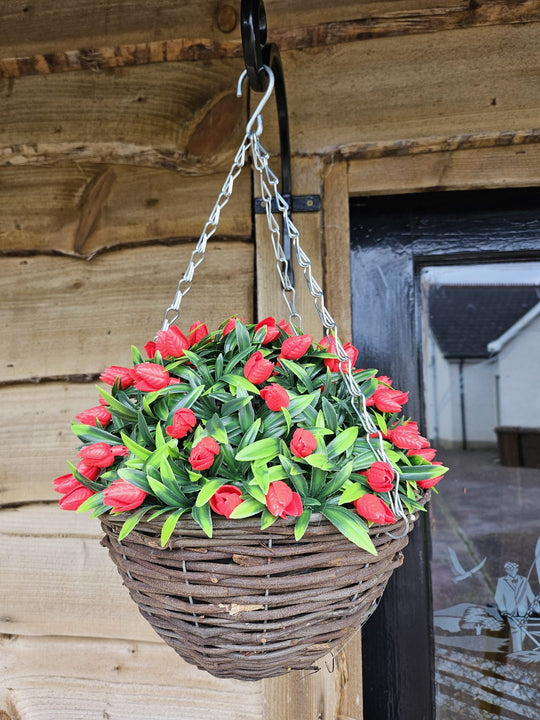 Best Artificial 28cm Tulip Flower Display in 10" Wicker Rattan Basket - Suitable for Outdoor, Indoor and Garden (Red)