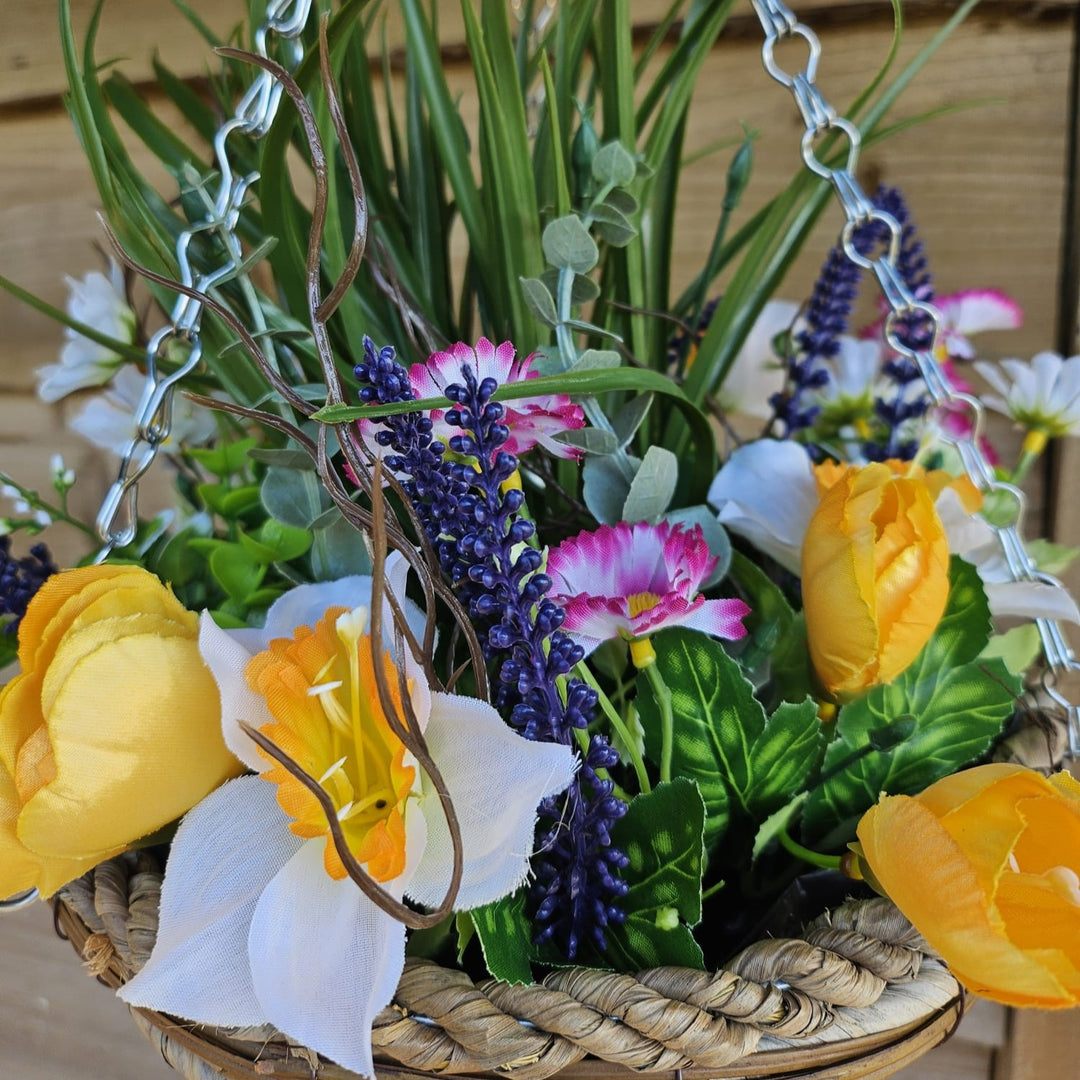 Best Artificial White Mixed Meadow Flower Display in 10 inch Woven Decorative Hanging Basket (Grass Centre)