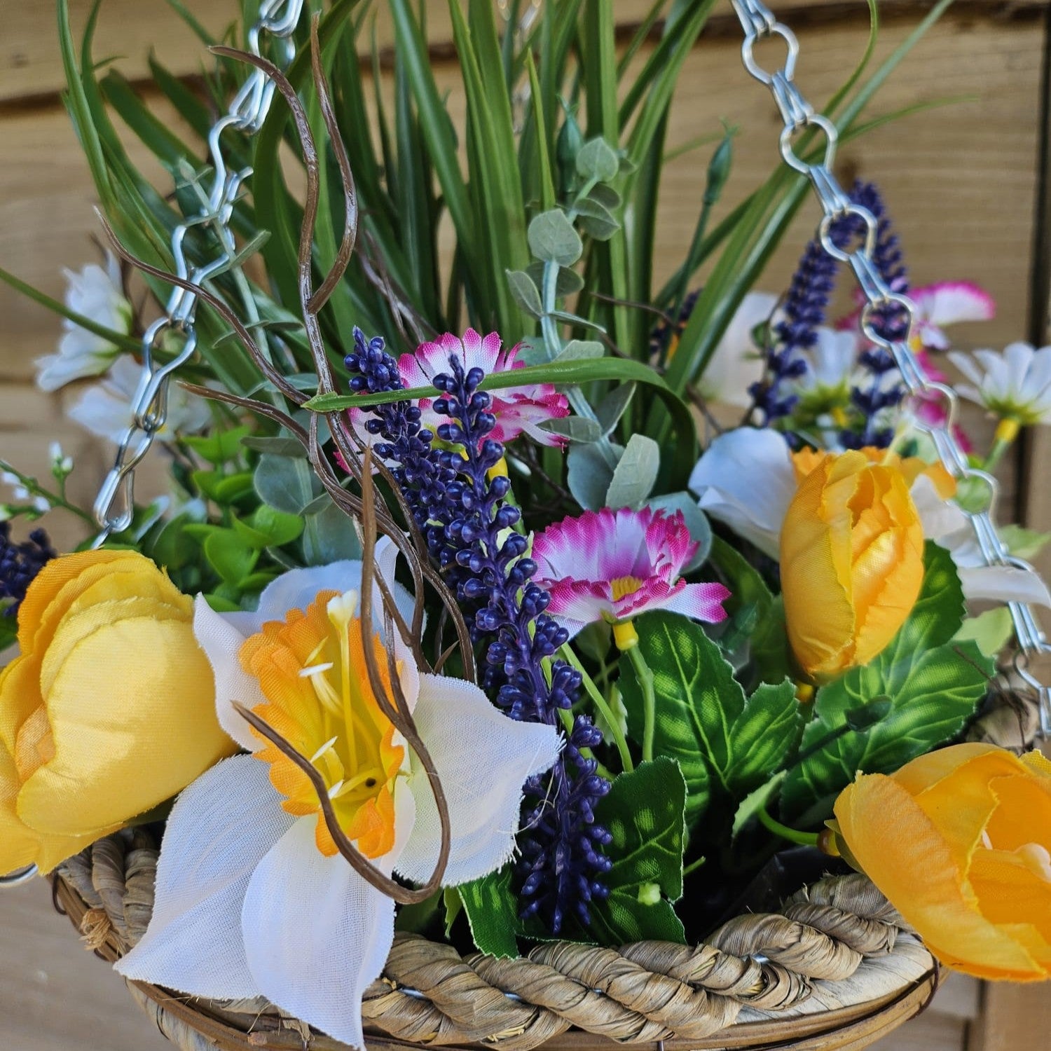 Pair Of Best Artificial White Mixed Meadow Flower Displays in 10 Inch Woven Decorative Baskets (Grass Centre)