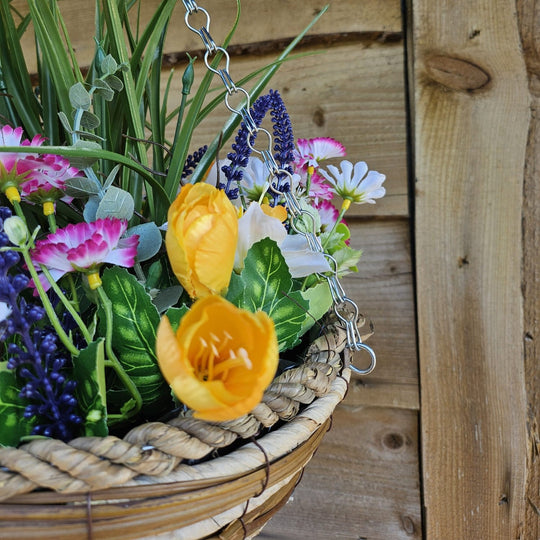 Best Artificial White Mixed Meadow Flower Display in 10 inch Woven Decorative Hanging Basket (Grass Centre)