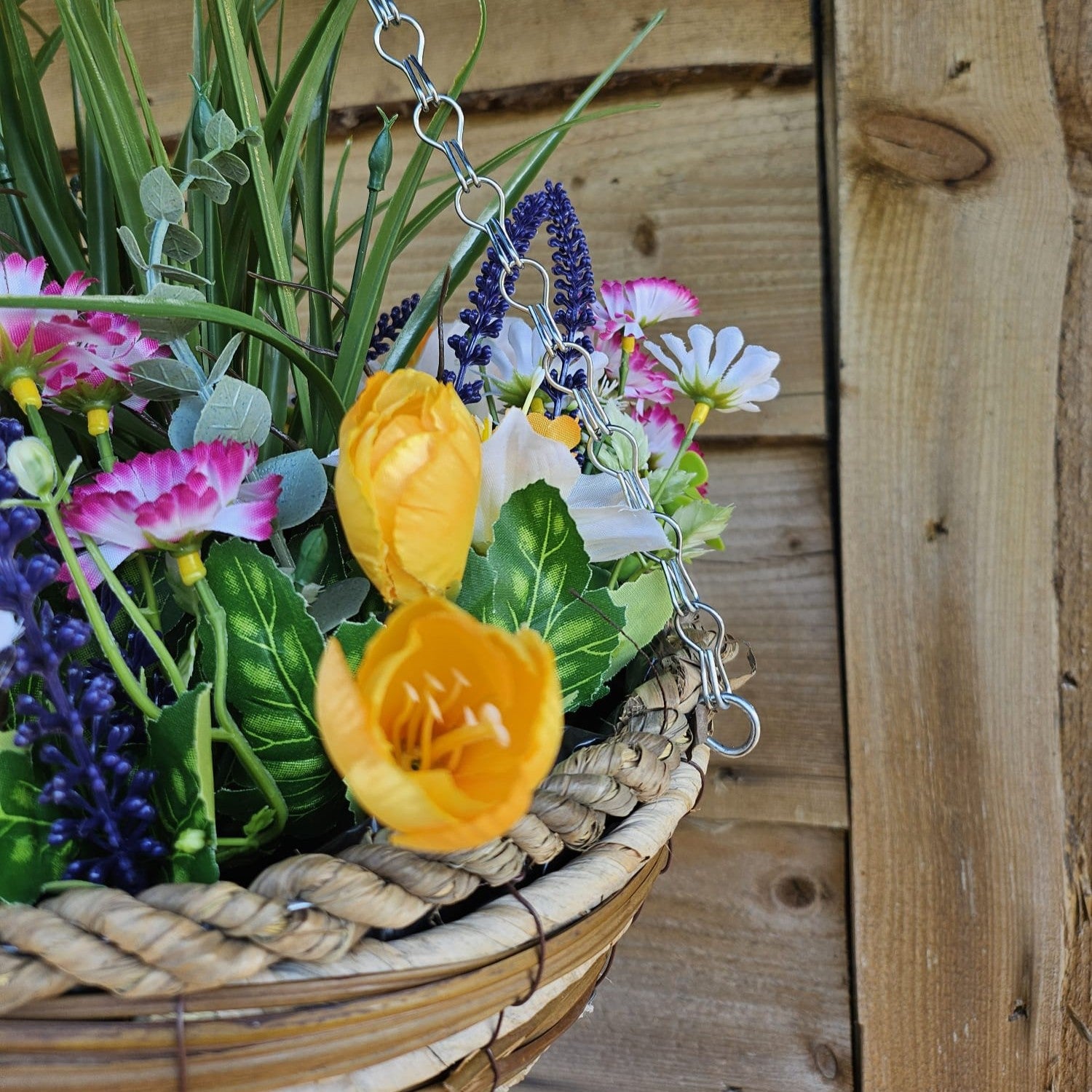 Pair Of Best Artificial White Mixed Meadow Flower Displays in 10 Inch Woven Decorative Baskets (Grass Centre)