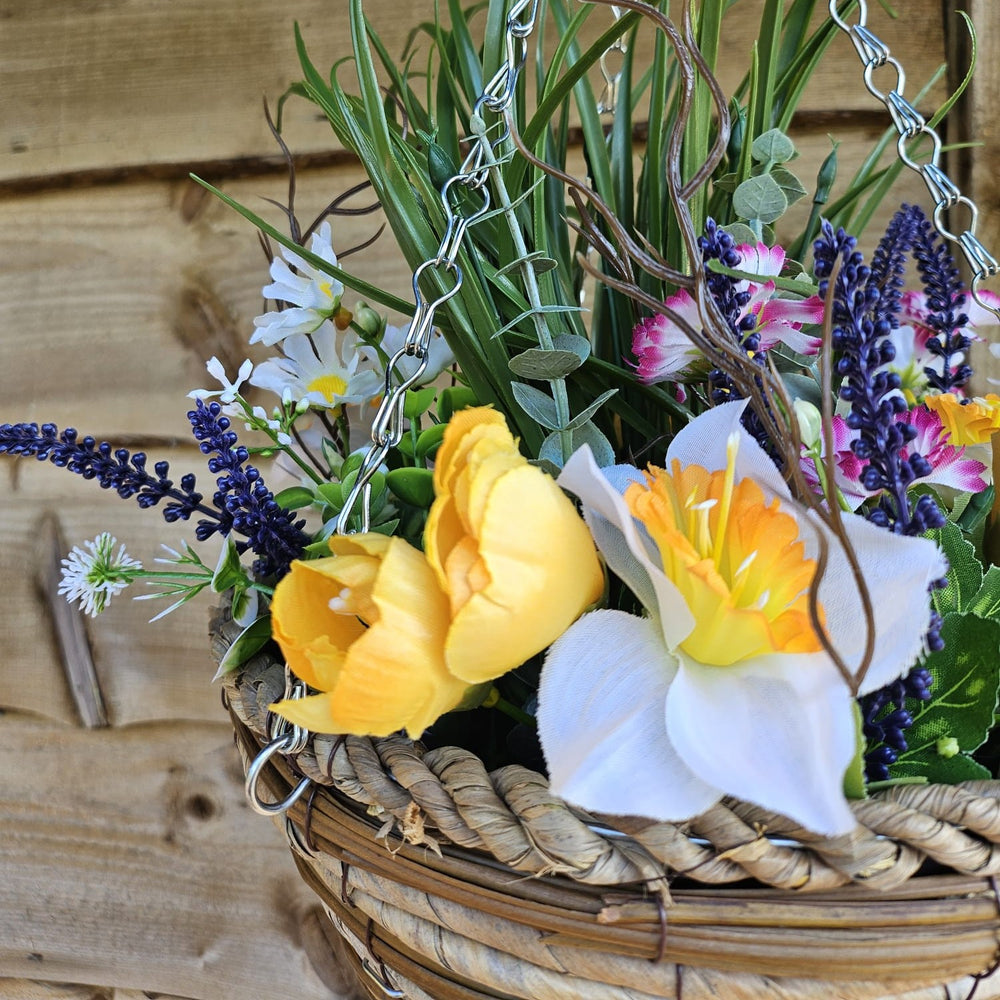 Best Artificial White Mixed Meadow Flower Display in 10 inch Woven Decorative Hanging Basket (Grass Centre)