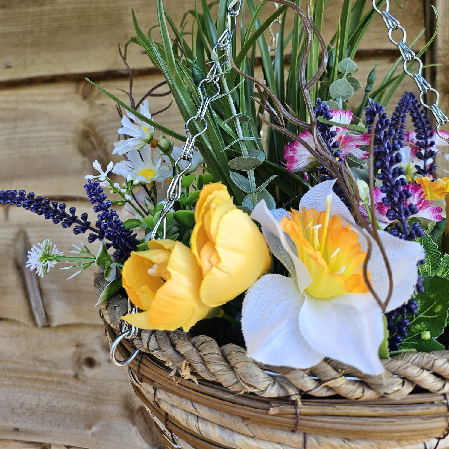 Pair Of Best Artificial White Mixed Meadow Flower Displays in 10 Inch Woven Decorative Baskets (Grass Centre)