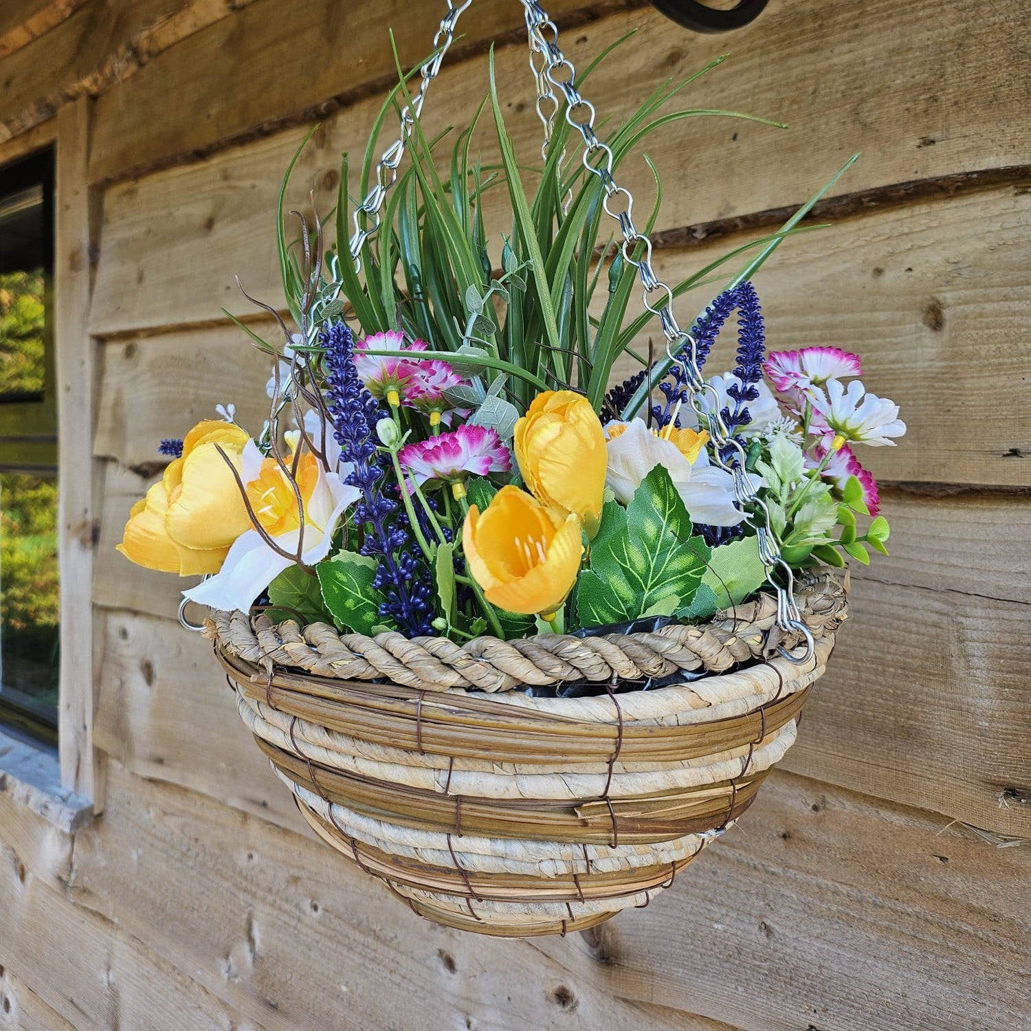 Pair Of Best Artificial White Mixed Meadow Flower Displays in 10 Inch Woven Decorative Baskets (Grass Centre)