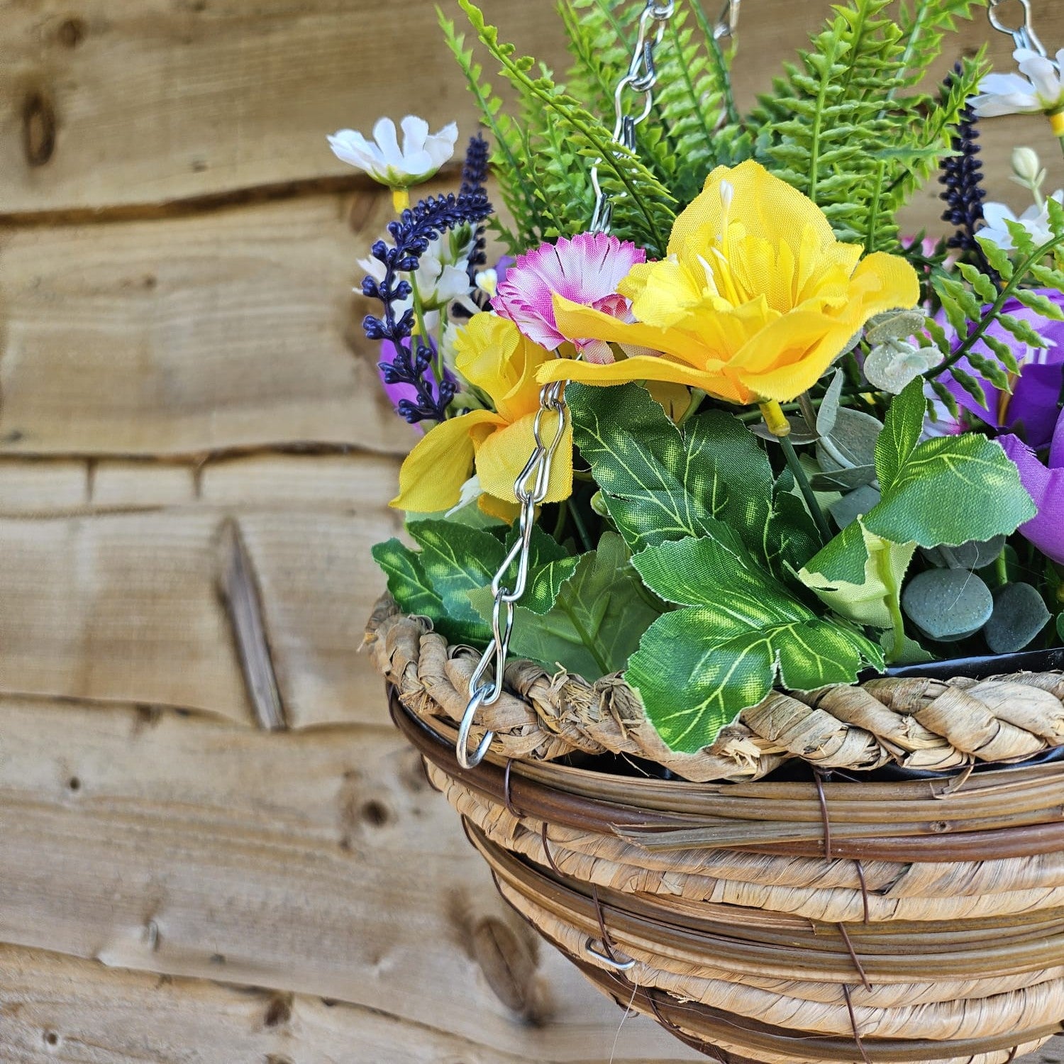 Best Artificial Yellow Mixed Meadow Flower Display in 10 Inch Woven Decorative Hanging Basket (Fern Centre)