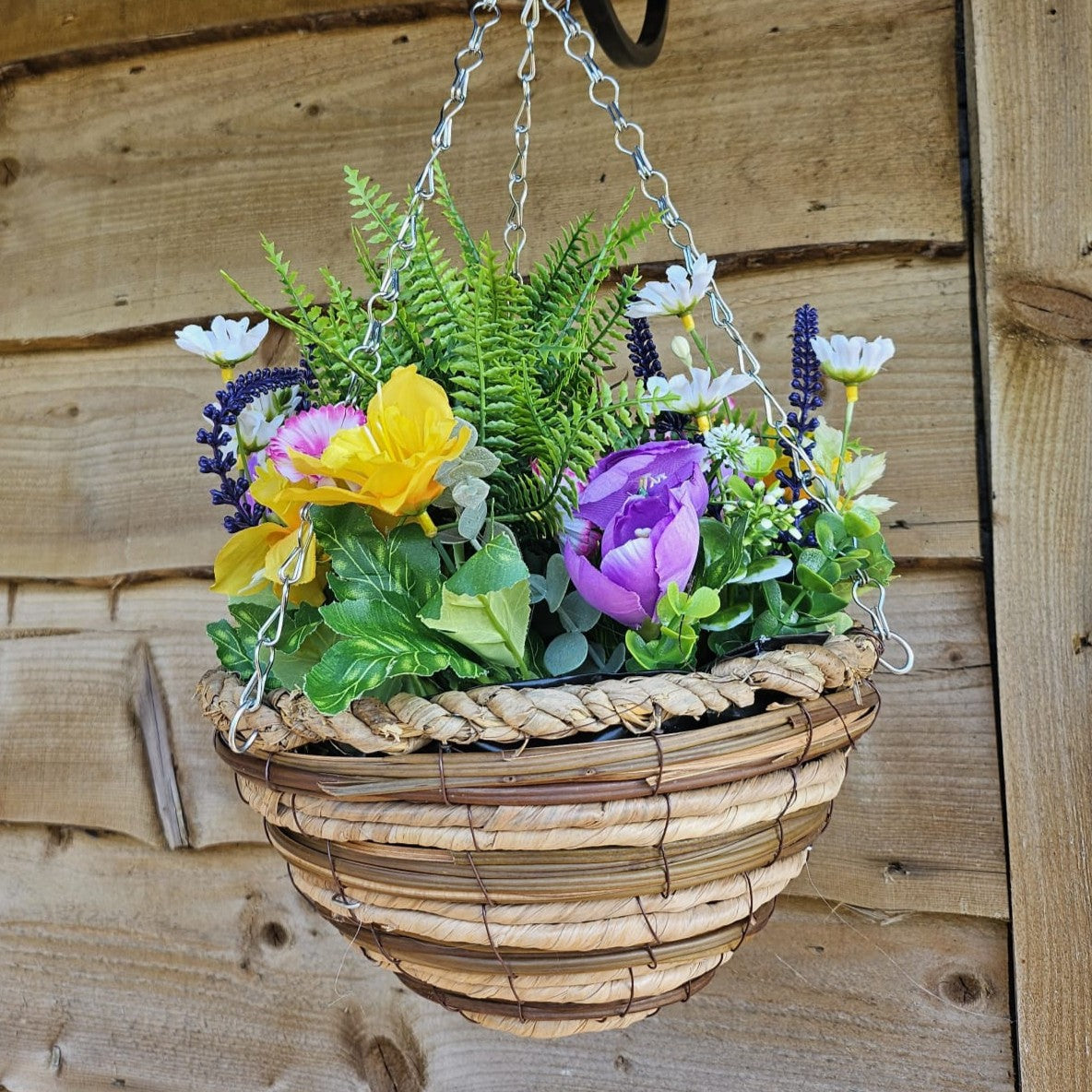 Pair Of Best Artificial Yellow Mixed Meadow Flower Displays in 10 Inch Woven Decorative Hanging Baskets (Fern Centre)