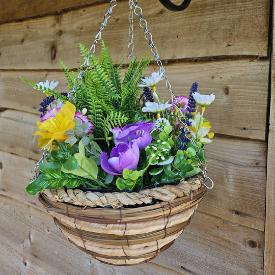 Best Artificial Mixed Meadow Flower Display in 10 Inch Woven Decorative Hanging Basket