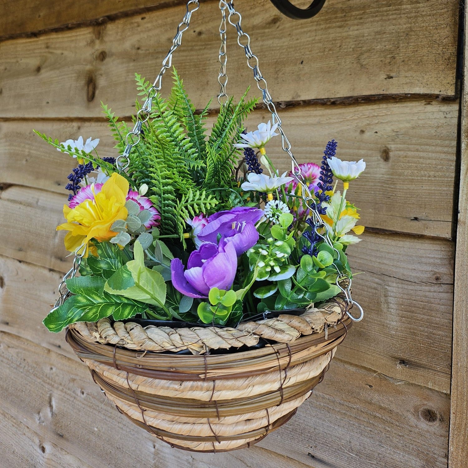 Best Artificial Mixed Meadow Flower Display in 10 Inch Woven Decorative Hanging Basket