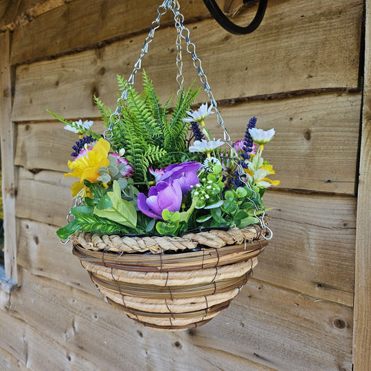 Best Artificial Yellow Mixed Meadow Flower Display in 10 Inch Woven Decorative Hanging Basket (Fern Centre)