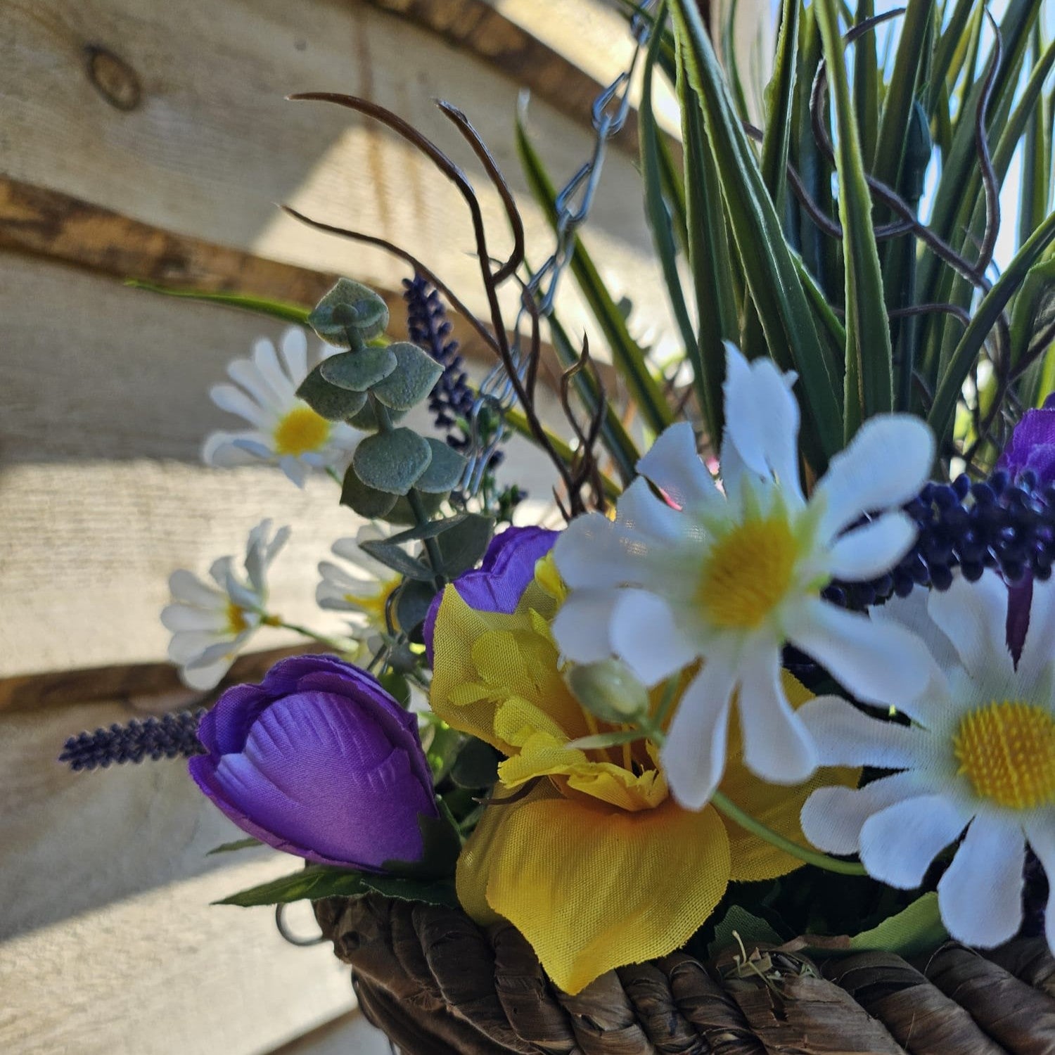 Best Artificial Yellow Mixed Meadow Flower Display in 10 inch Woven Decorative Hanging Basket (Grass Centre)