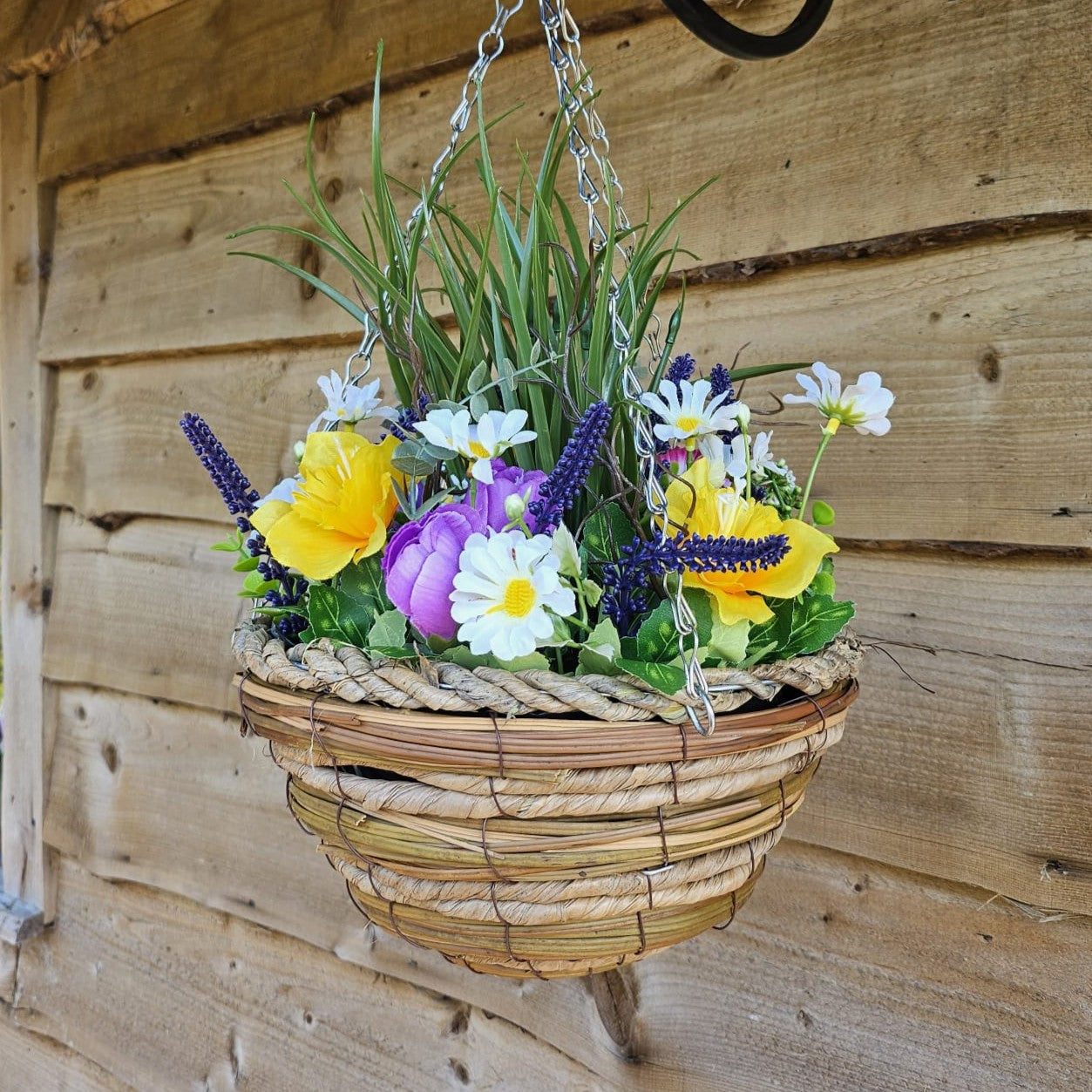 Best Artificial Mixed Meadow Flower Display in 10 Inch Woven Decorative Hanging Basket