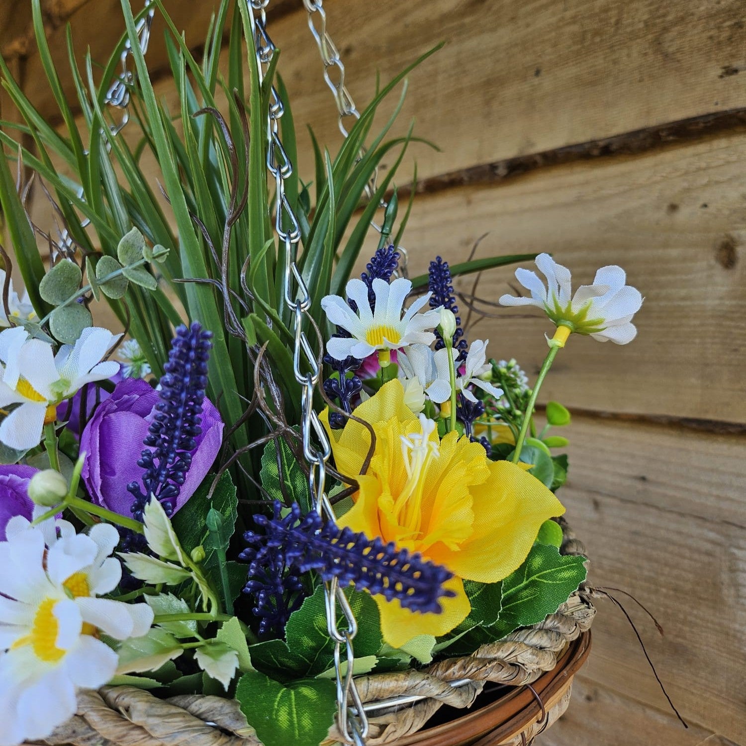 Pair Of Best Artificial Yellow Mixed Meadow Flower Displays in 10 Inch Woven Decorative Baskets (Grass Centre)