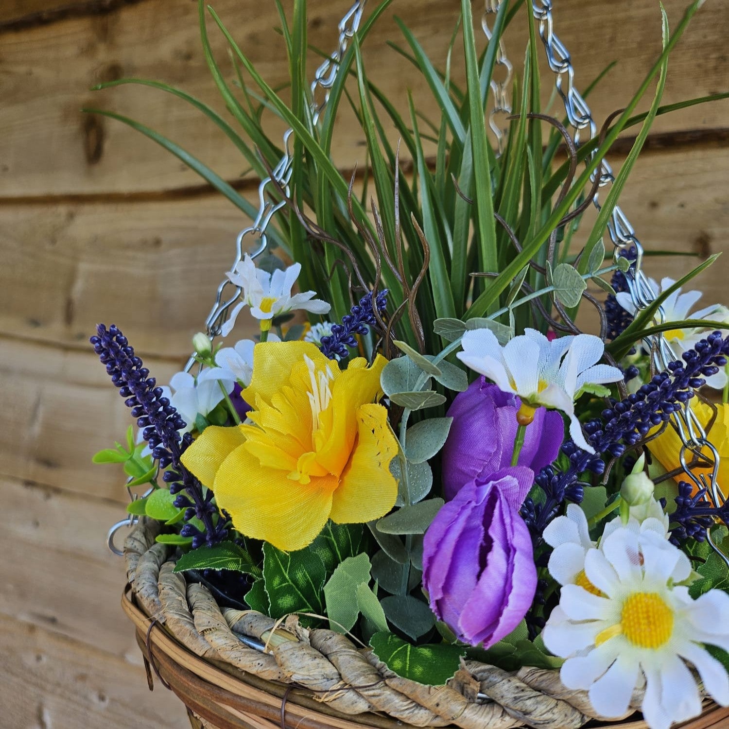 Pair Of Best Artificial Yellow Mixed Meadow Flower Displays in 10 Inch Woven Decorative Baskets (Grass Centre)