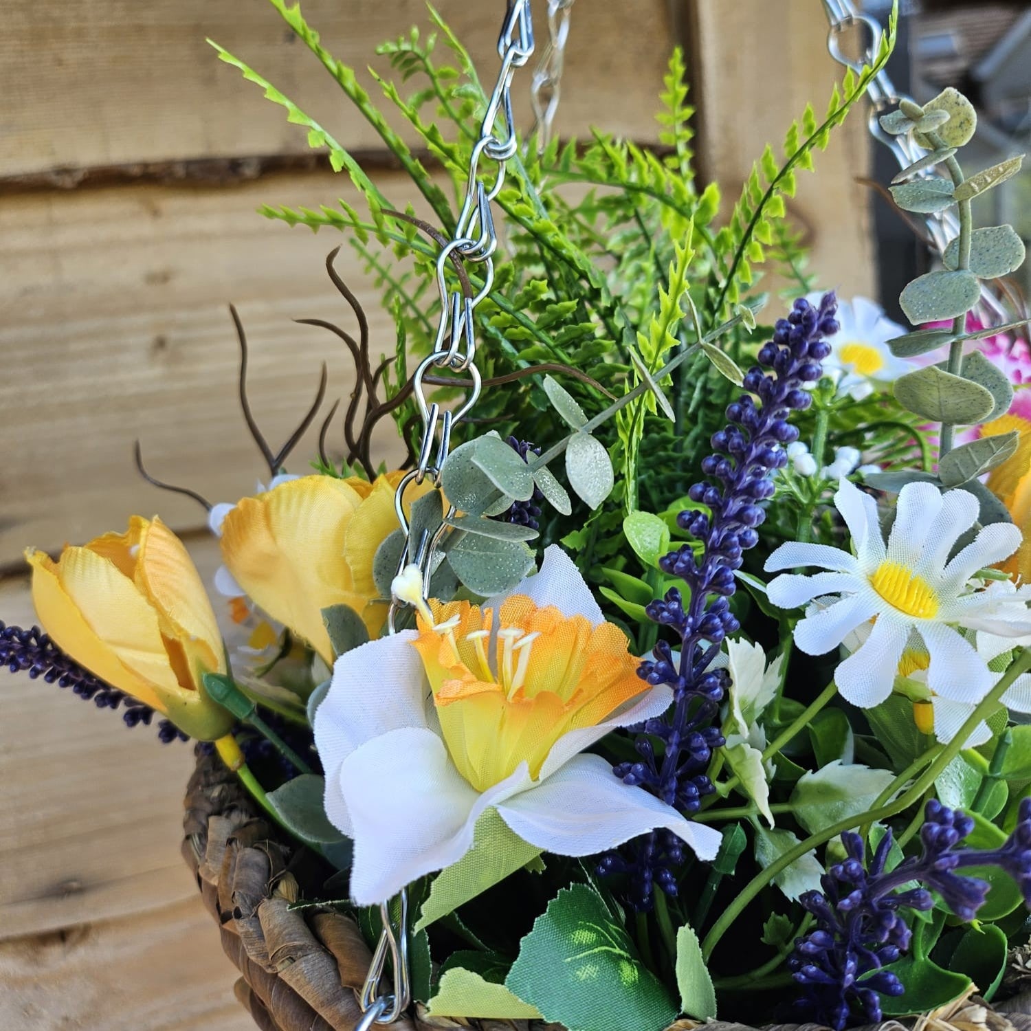 Pair Of Best Artificial White Mixed Meadow Flower Displays in 10 Inch Woven Decorative Baskets (Fern Centre)