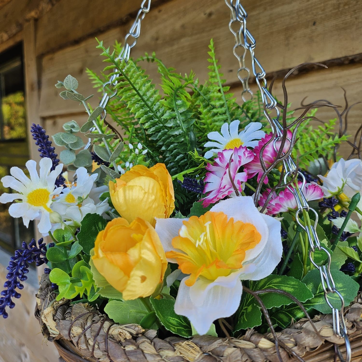 Best Artificial White Mixed Meadow Flower Display in 10 inch Woven Decorative Hanging Basket (Fern Centre)
