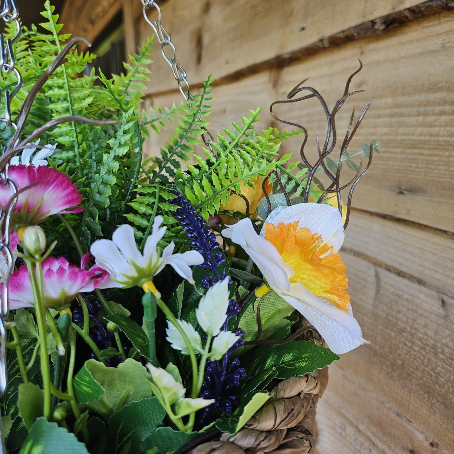 Pair Of Best Artificial White Mixed Meadow Flower Displays in 10 Inch Woven Decorative Baskets (Fern Centre)