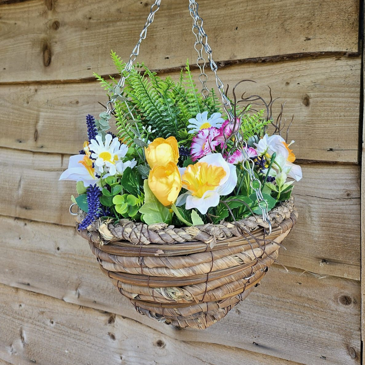 Pair Of Best Artificial White Mixed Meadow Flower Displays in 10 Inch Woven Decorative Baskets (Fern Centre)