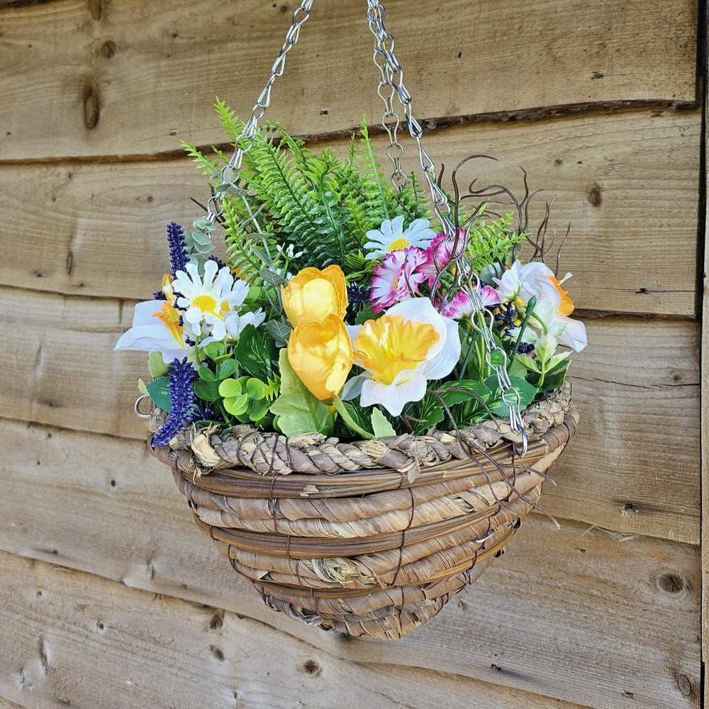 Best Artificial Mixed Meadow Flower Display in 10 Inch Woven Decorative Hanging Basket