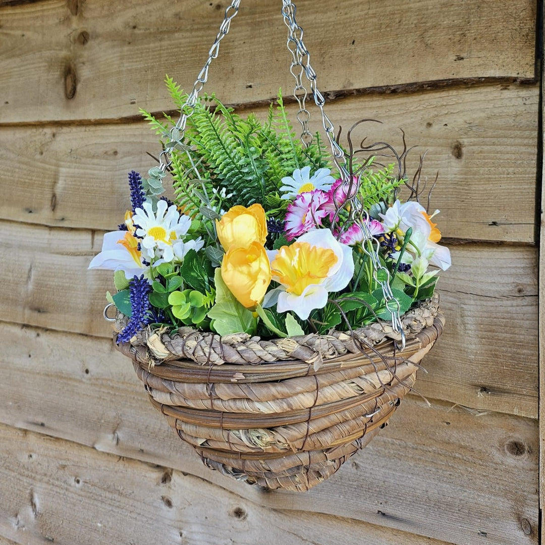 Best Artificial Mixed Meadow Flower Display in 10 Inch Woven Decorative Hanging Basket