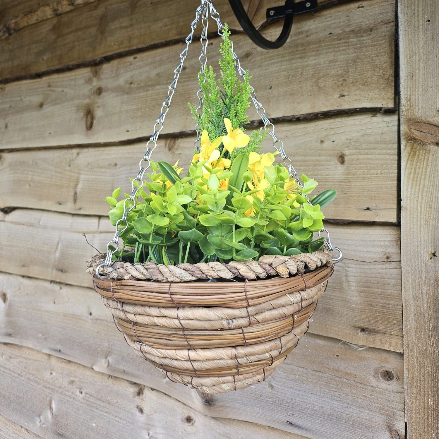 Pair Of Best Artificial Yellow Mini Daffodil Flower Displays in 10 Inch Woven Decorative Hanging Baskets