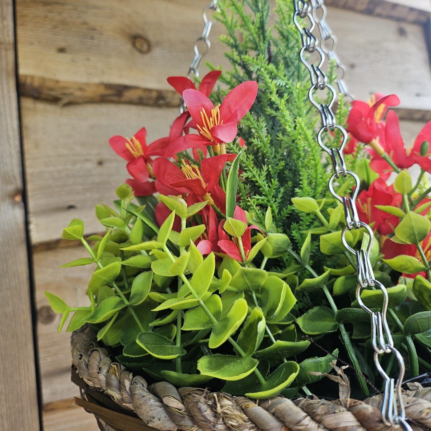 Pair Of Best Artificial Red Mini Daffodil Flower Displays in 10 Inch Woven Decorative Hanging Baskets