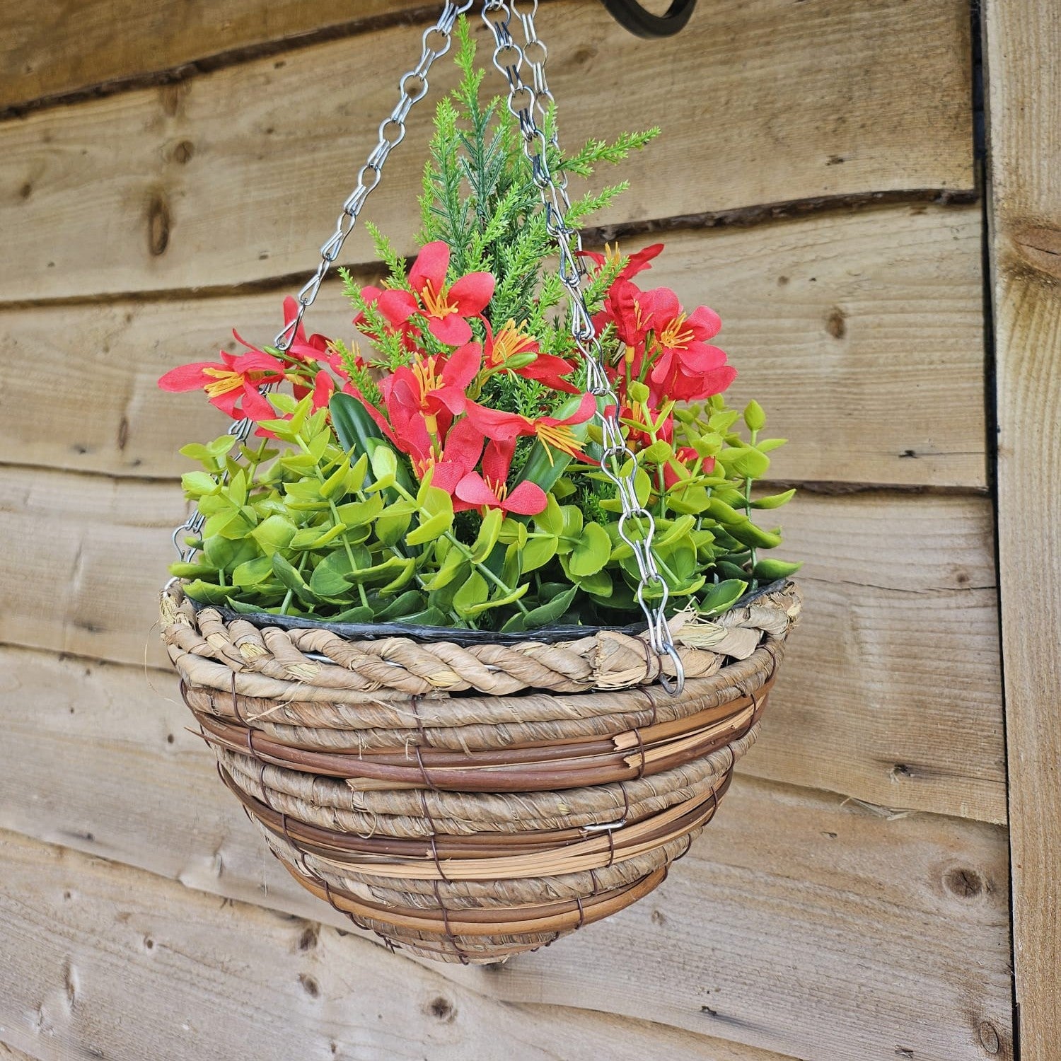 Pair Of Best Artificial Red Mini Daffodil Flower Displays in 10 Inch Woven Decorative Hanging Baskets