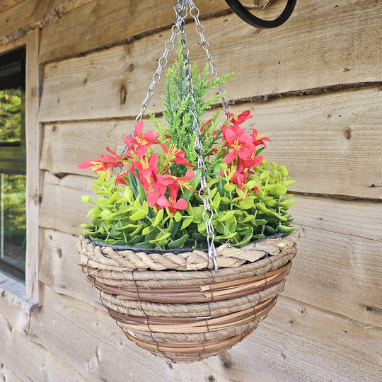 Best Artificial Red Mini Daffodil Display in 10 inch Round Hanging Basket