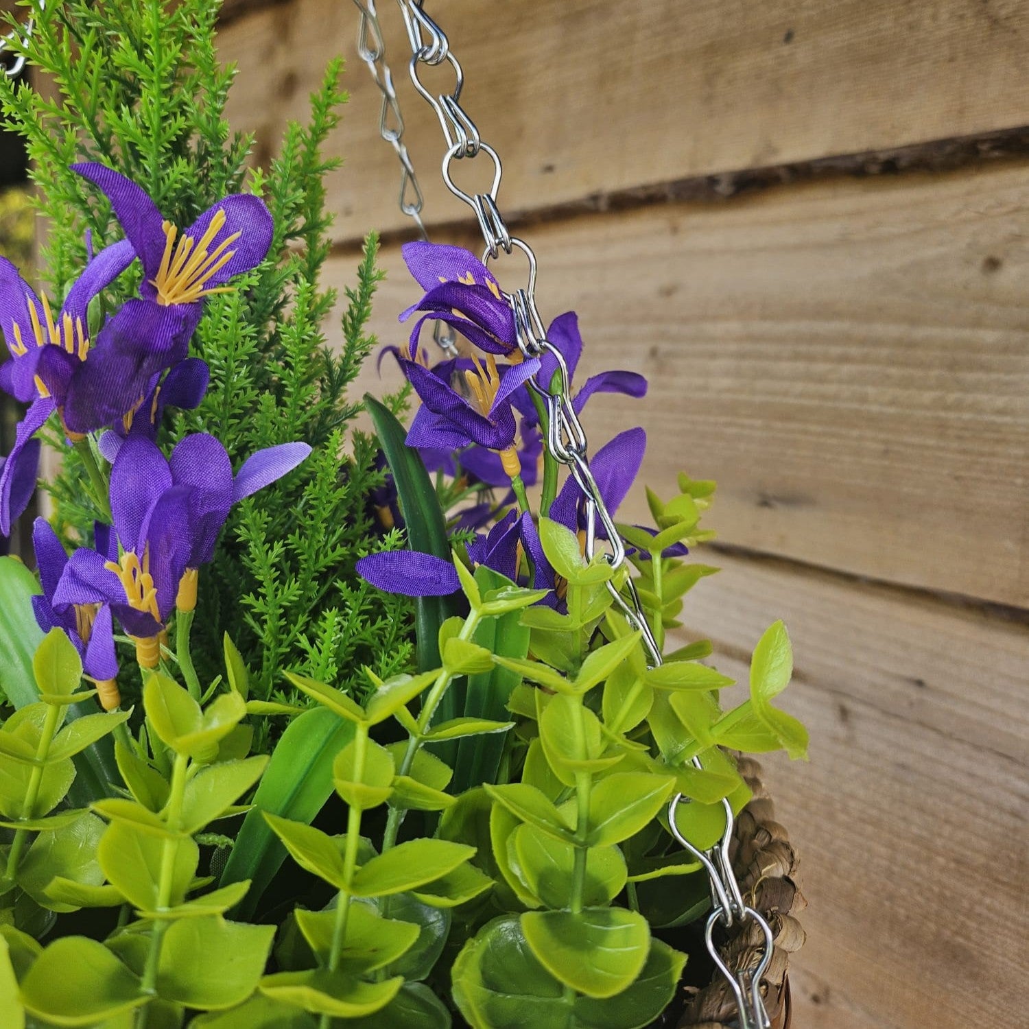 Pair Of Best Artificial Purple Mini Daffodil Flower Displays in 10 Inch Woven Decorative Hanging Baskets