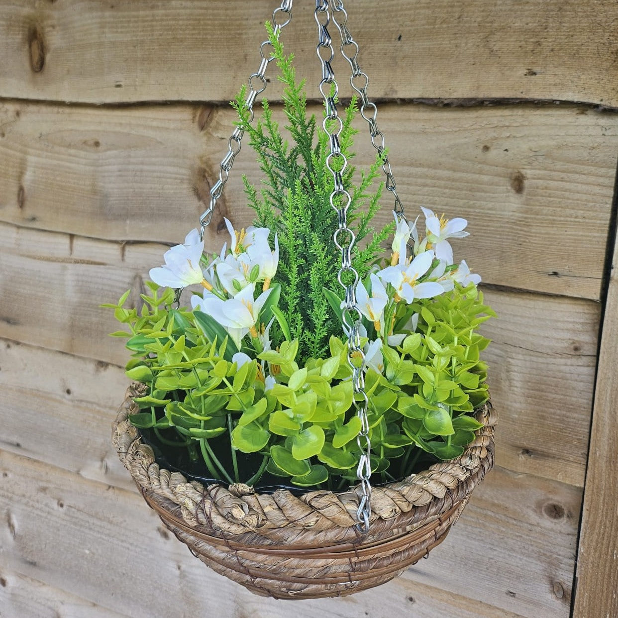 Pair Of Best Artificial White Mini Daffodil Flower Displays in 10 Inch Woven Decorative Hanging Baskets
