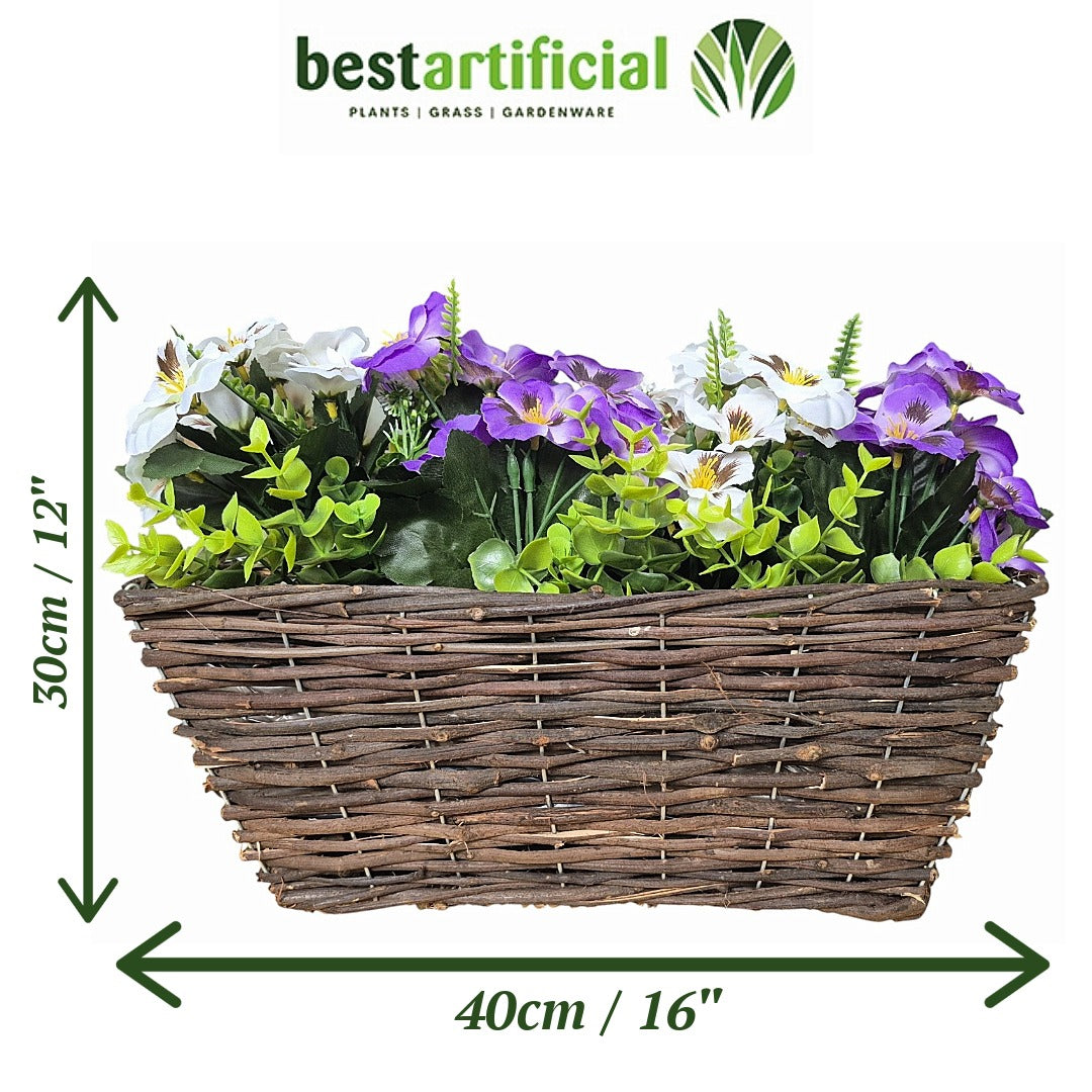 Best Artificial Pre-Made 40cm Pansy Flower Arrangement in Rattan Wicker Trough Pot - Suitable For Outside Use