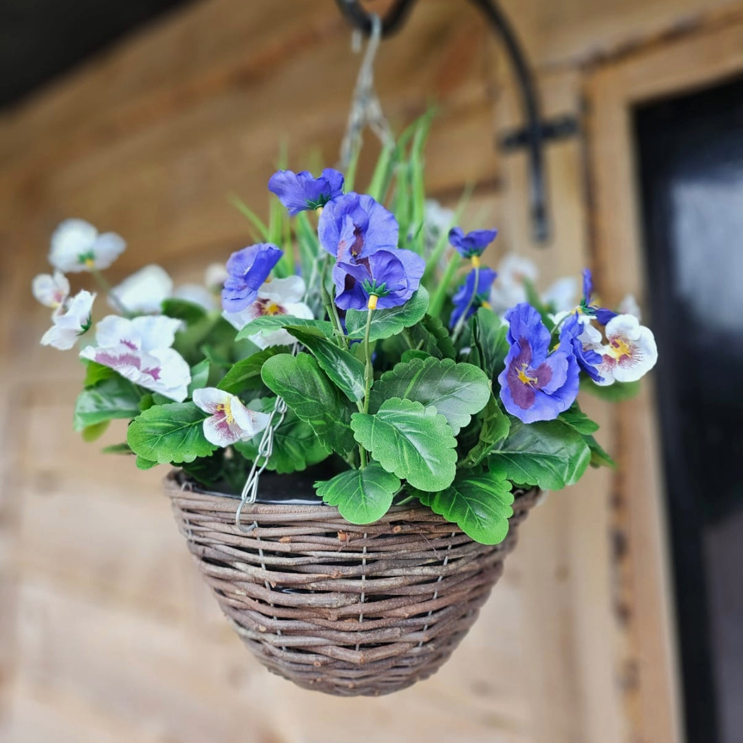 Best Artificial 23cm Pansy Hanging Basket - Suitable for Outdoor Use - Weather Resistant (Lilac & White)