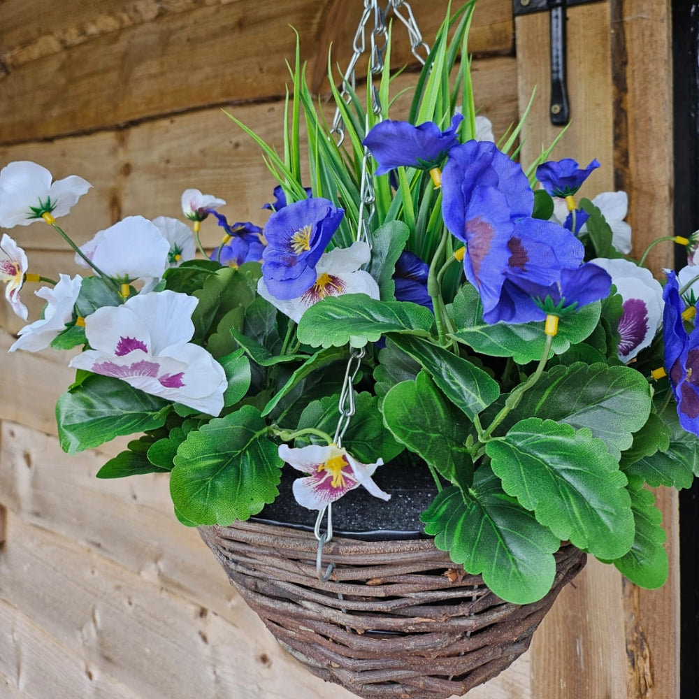 Pair Of Best Artificial 10 inch Pansy Hanging Baskets - Suitable for Outdoor Use - Weather Resistant (Lilac & White)