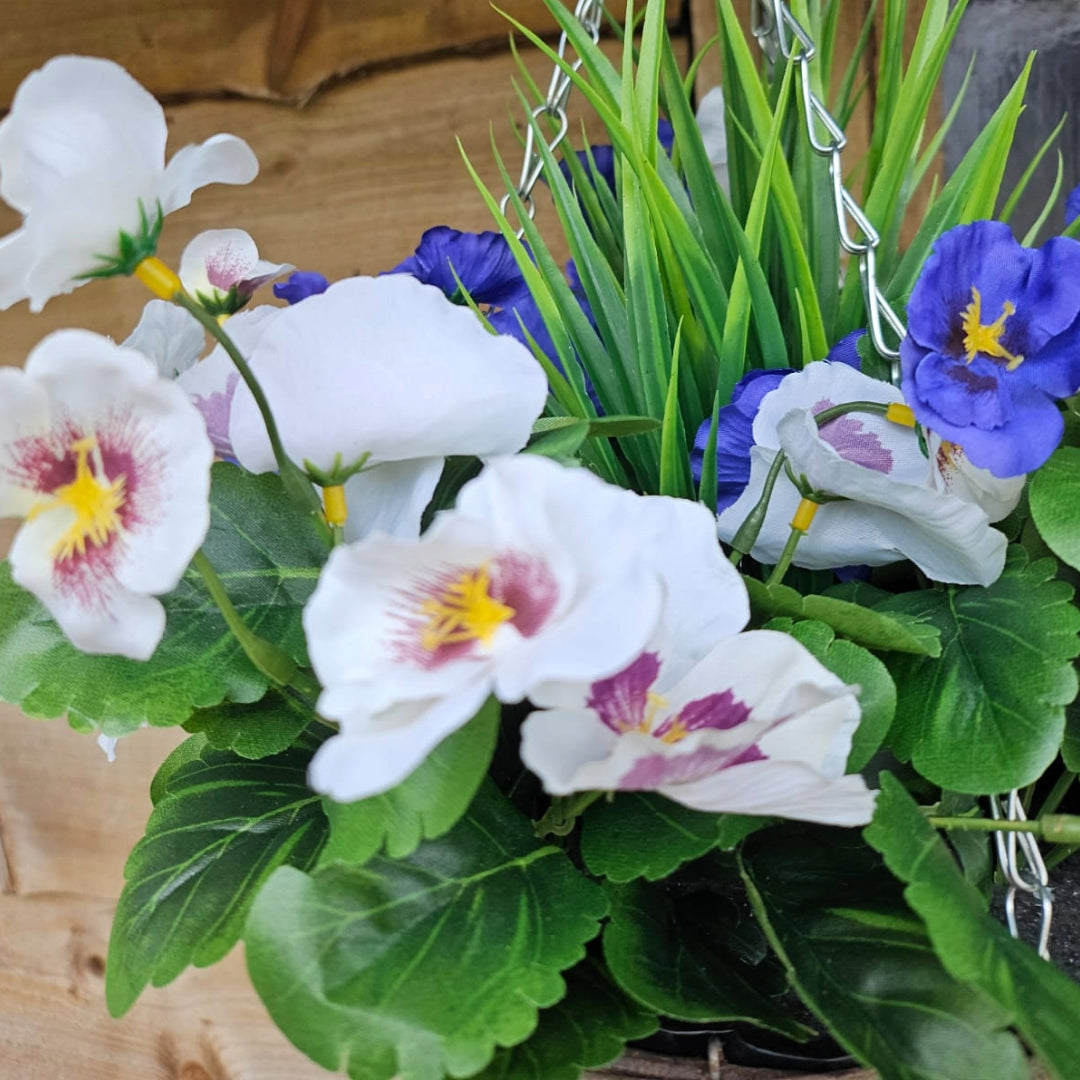 Best Artificial 23cm Pansy Hanging Basket - Suitable for Outdoor Use - Weather Resistant (Lilac & White)