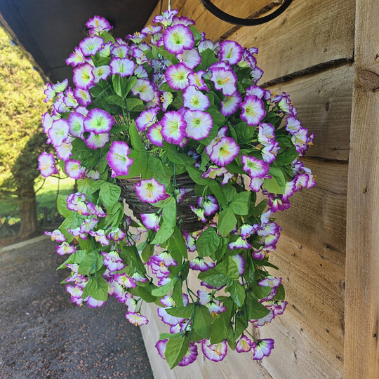 Best Artificial 60cm Morning Glory Flower Display in 10" Round Wicker Rattan Basket - Suitable for Outdoor, Indoor and Garden (Lilac & White)