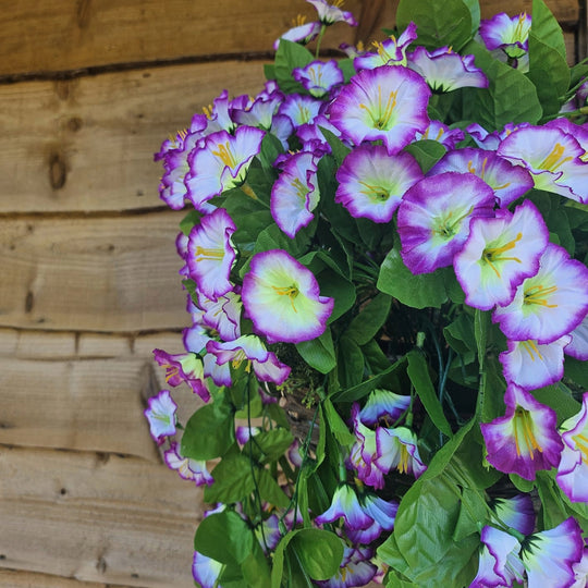 Best Artificial 60cm Morning Glory Flower Display in 10" Round Wicker Rattan Basket - Suitable for Outdoor, Indoor and Garden (Lilac & White)