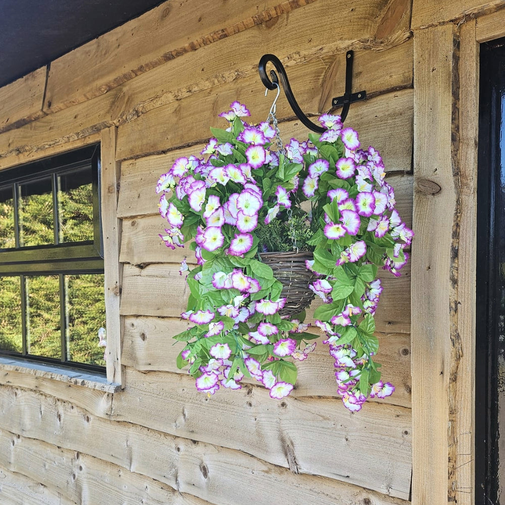 Best Artificial 60cm Morning Glory Flower Display in 10" Round Wicker Rattan Basket - Suitable for Outdoor, Indoor and Garden (Lilac & White)