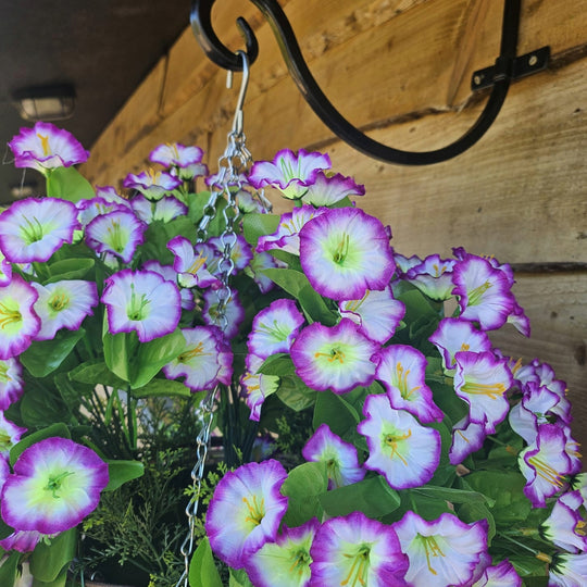 Best Artificial 60cm Morning Glory Flower Display in 10" Round Wicker Rattan Basket - Suitable for Outdoor, Indoor and Garden (Lilac & White)