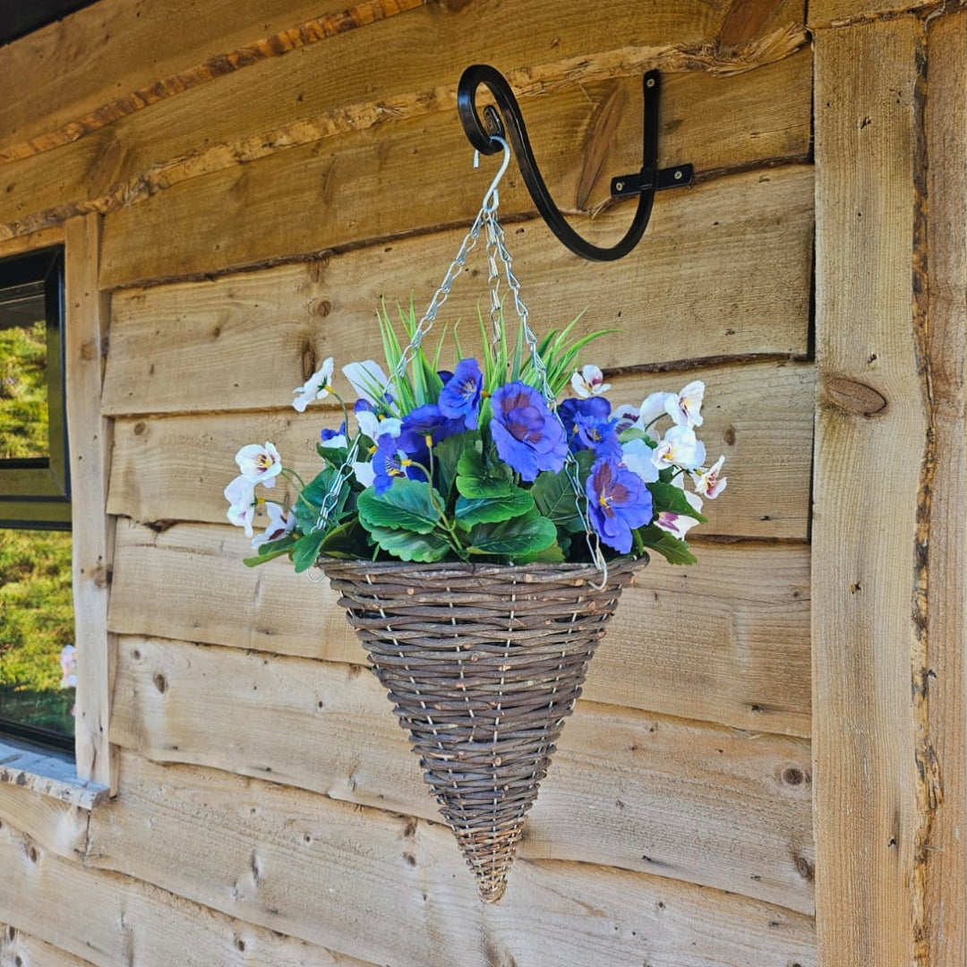Pair of Best Artificial 30cm Pansy Flower Displays in 10" Wicker Rattan Cone Baskets - Suitable for Outdoor, Indoor and Garden (Lilac & White)