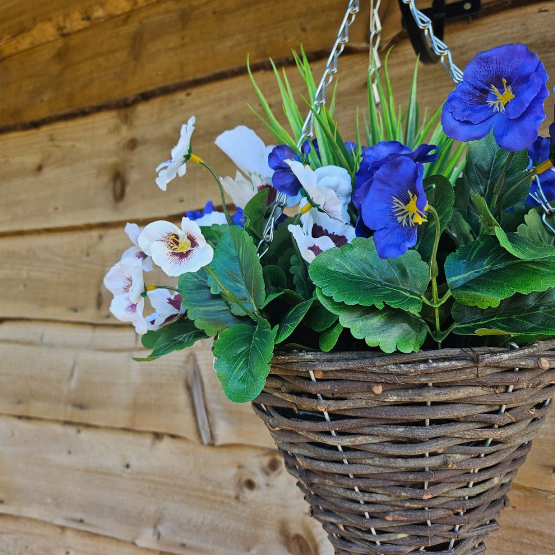 Pair of Best Artificial 30cm Pansy Flower Displays in 10" Wicker Rattan Cone Baskets - Suitable for Outdoor, Indoor and Garden (Lilac & White)