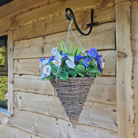 Pair of Best Artificial 30cm Pansy Flower Displays in 10" Wicker Rattan Cone Baskets - Suitable for Outdoor, Indoor and Garden (Lilac & White)