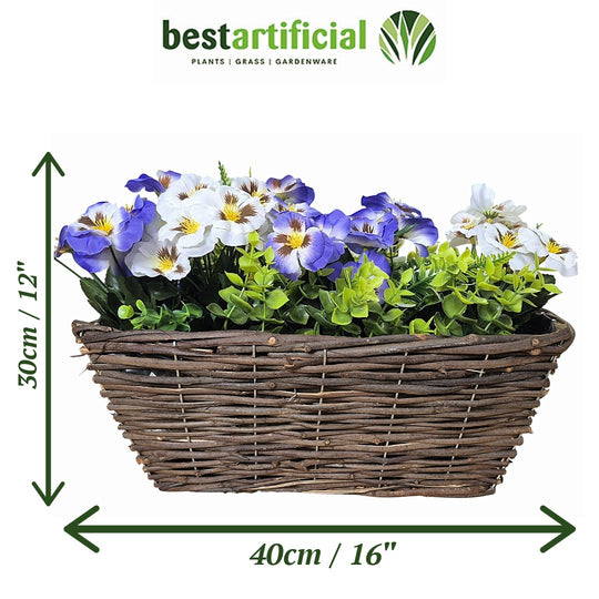 Best Artificial Pre-Made 40cm Pansy Flower Arrangement in Rattan Wicker Trough Pot - Suitable For Outside Use