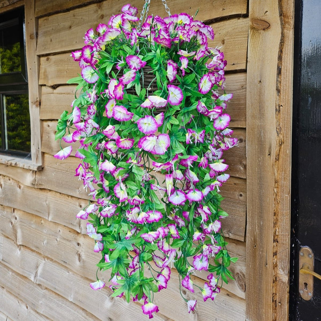 Best Artificial 75cm Morning Glory Flower Display in 10" Round Wicker Rattan Basket - Suitable for Indoor and Garden (Lilac & White)