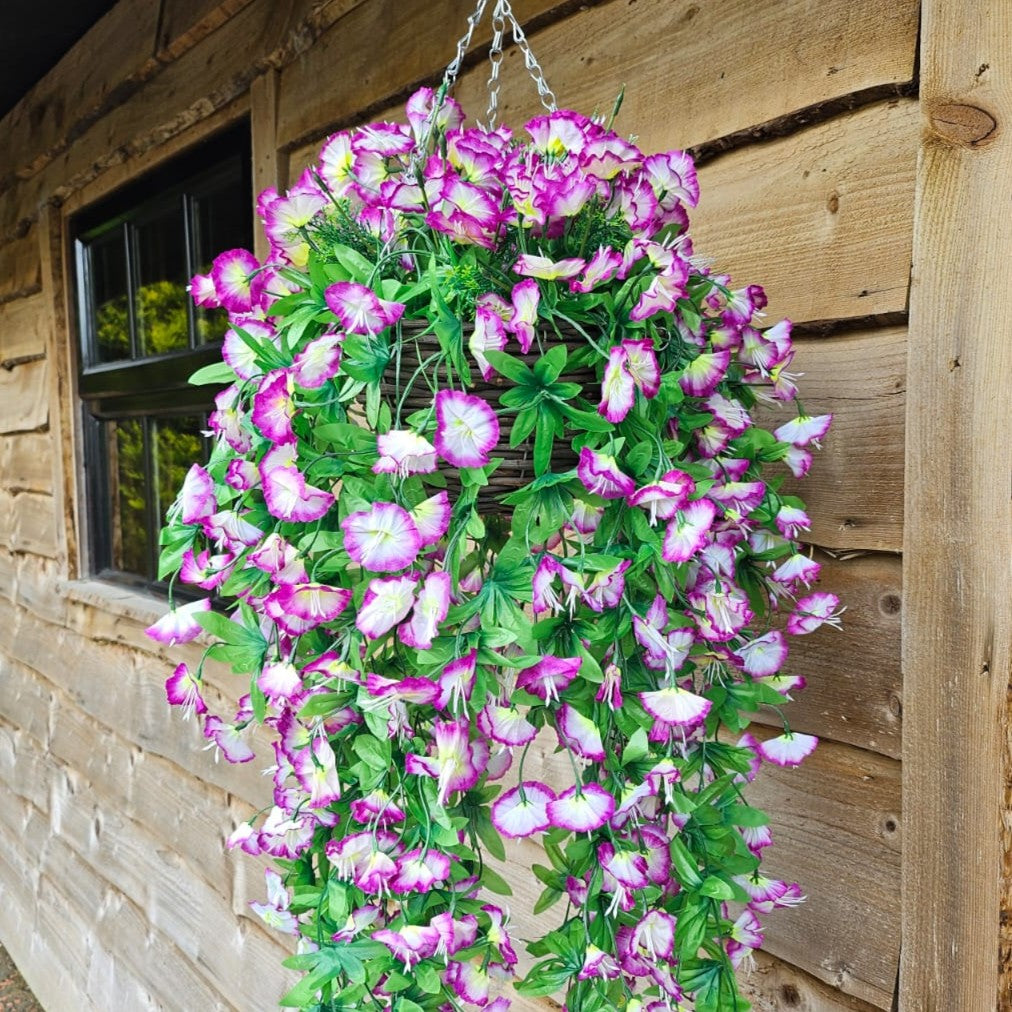 Best Artificial 75cm Morning Glory Flower Display in 10" Round Wicker Rattan Basket - Suitable for Indoor and Garden (Lilac & White)
